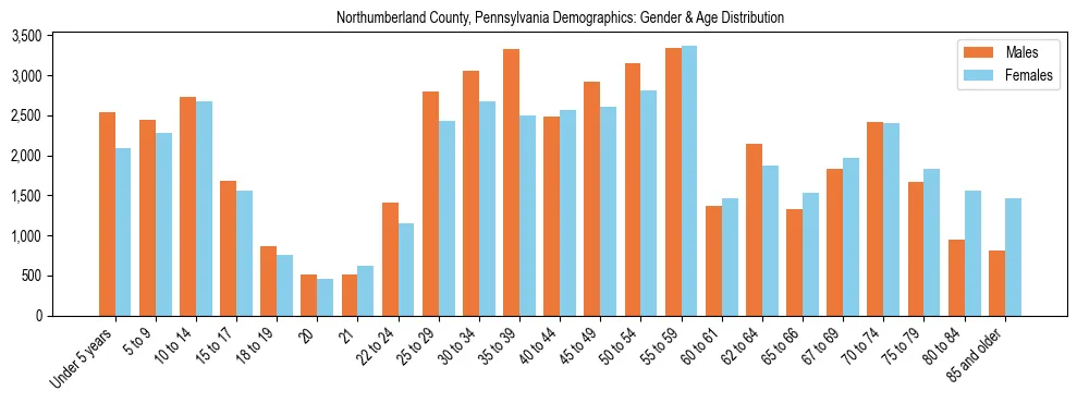 Bar chart showing the population distribution of Northumberland County, Pennsylvania by age group and gender, based on 2023 ACS data.