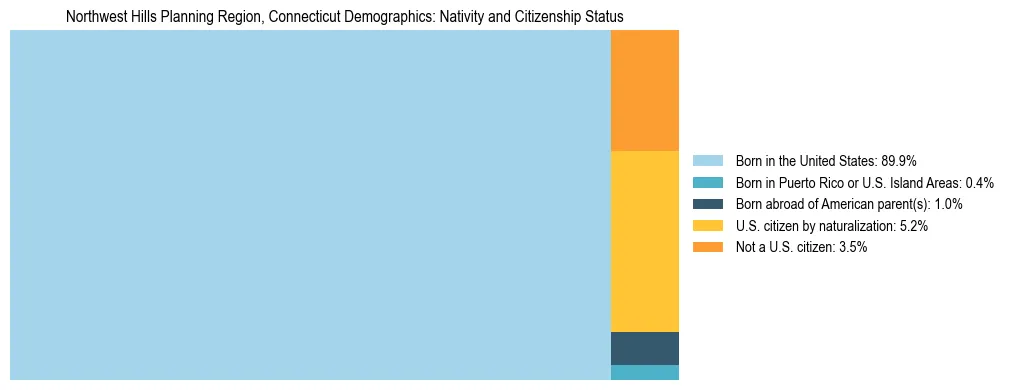 Treemap showing the population distribution by nativity and citizenship status in Northwest Hills Planning Region, Connecticut based on U.S. Census data.