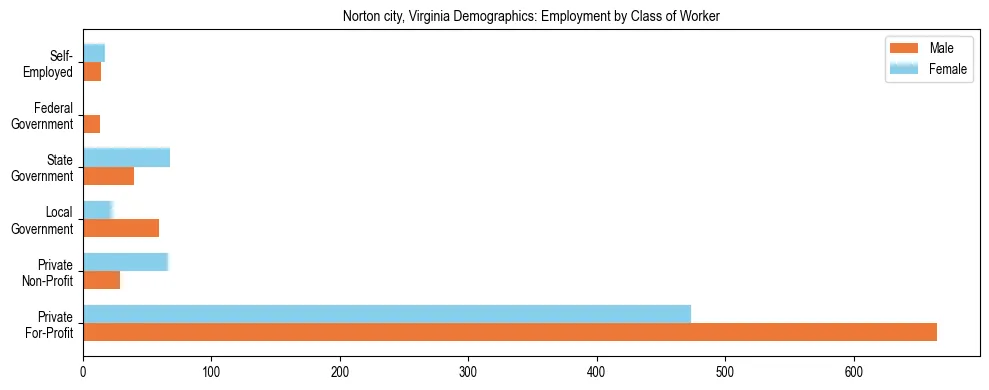 Horizontal bar chart showing employment distribution by class of worker and gender in Norton city, Virginia, based on 2023 ACS data.