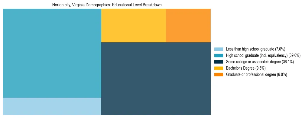 Treemap chart illustrating the educational attainment breakdown for population 25 years and over in Norton city, Virginia.