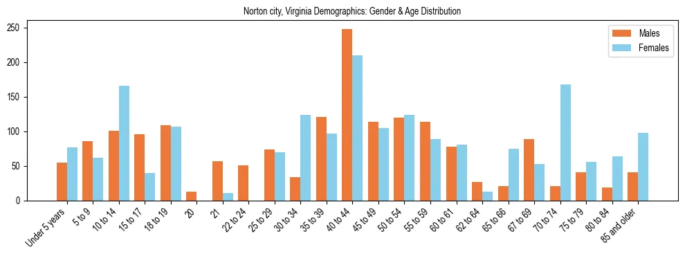 Bar chart showing the population distribution of Norton city, Virginia by age group and gender, based on 2023 ACS data.