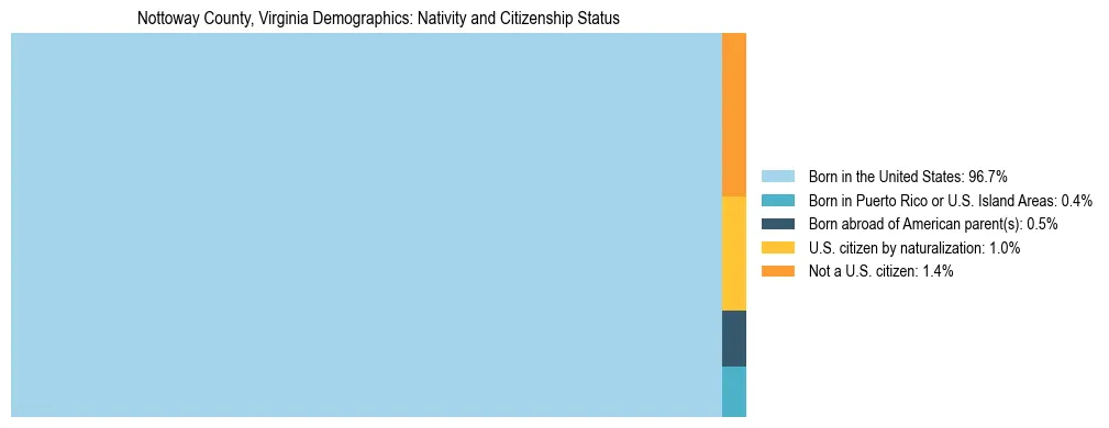 Treemap showing the population distribution by nativity and citizenship status in Nottoway County, Virginia based on U.S. Census data.