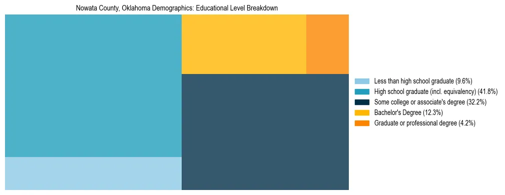 Treemap chart illustrating the educational attainment breakdown for population 25 years and over in Nowata County, Oklahoma.