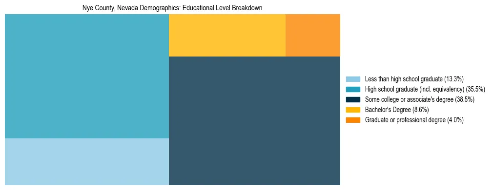 Treemap chart illustrating the educational attainment breakdown for population 25 years and over in Nye County, Nevada.