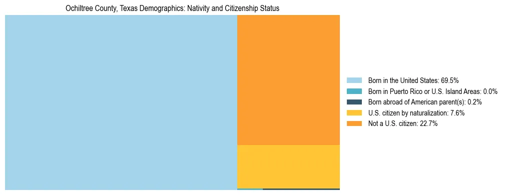 Treemap showing the population distribution by nativity and citizenship status in Ochiltree County, Texas based on U.S. Census data.