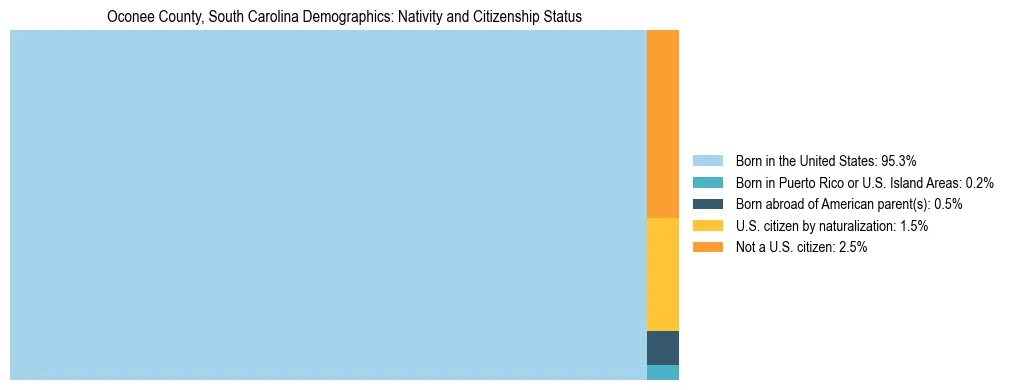 Treemap showing the population distribution by nativity and citizenship status in Oconee County, South Carolina based on U.S. Census data.