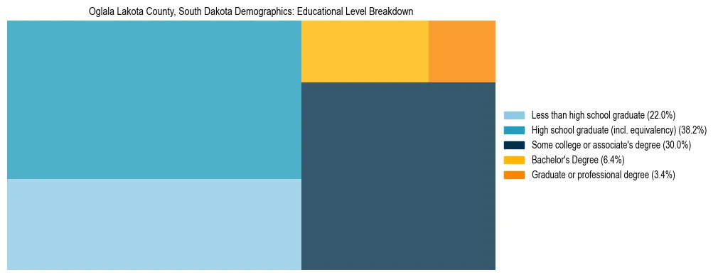 Treemap chart illustrating the educational attainment breakdown for population 25 years and over in Oglala Lakota County, South Dakota.