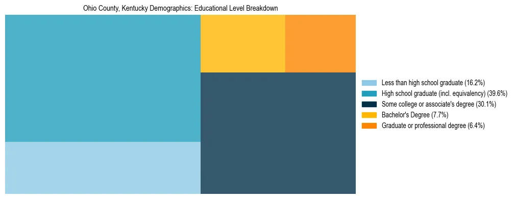 Treemap chart illustrating the educational attainment breakdown for population 25 years and over in Ohio County, Kentucky.