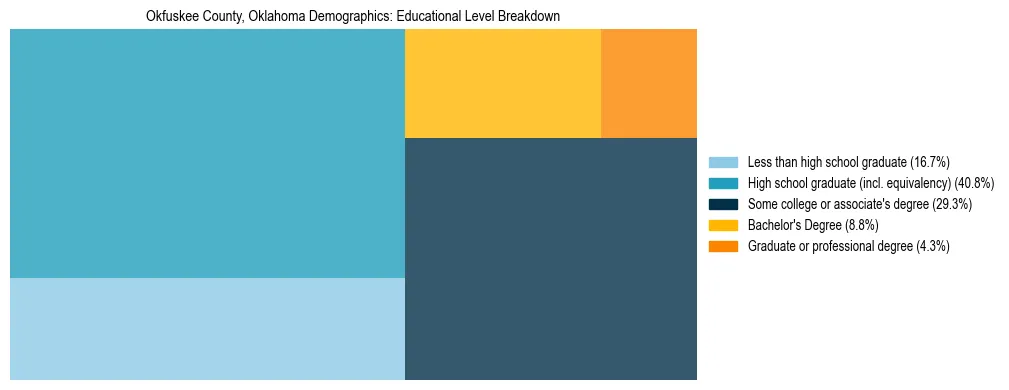 Treemap chart illustrating the educational attainment breakdown for population 25 years and over in Okfuskee County, Oklahoma.