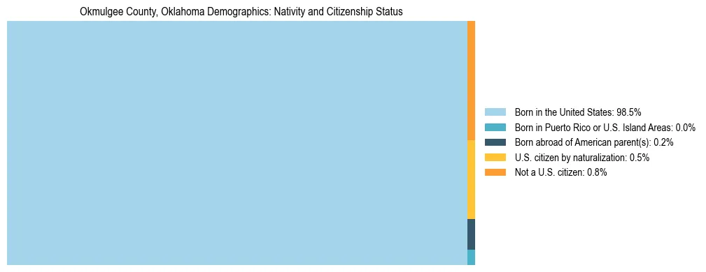 Treemap showing the population distribution by nativity and citizenship status in Okmulgee County, Oklahoma based on U.S. Census data.