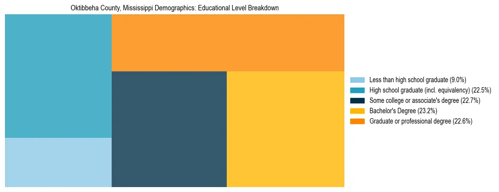 Treemap chart illustrating the educational attainment breakdown for population 25 years and over in Oktibbeha County, Mississippi.