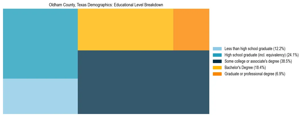 Treemap chart illustrating the educational attainment breakdown for population 25 years and over in Oldham County, Texas.