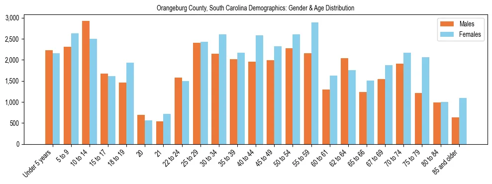 Bar chart showing the population distribution of Orangeburg County, South Carolina by age group and gender, based on 2023 ACS data.