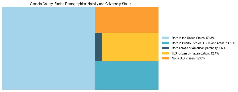 Treemap showing the population distribution by nativity and citizenship status in Osceola County, Florida based on U.S. Census data.