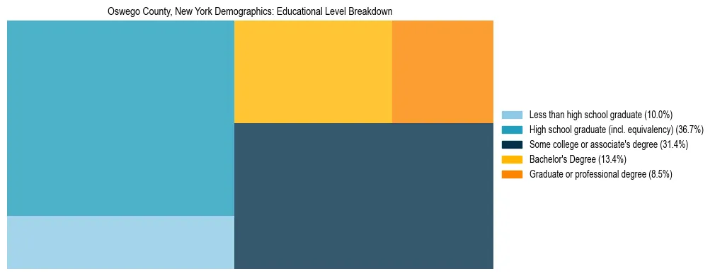 Treemap chart illustrating the educational attainment breakdown for population 25 years and over in Oswego County, New York.