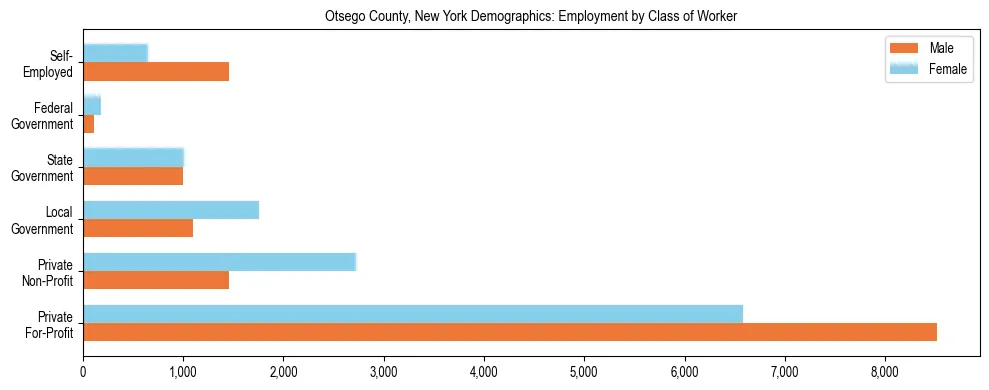 Horizontal bar chart showing employment distribution by class of worker and gender in Otsego County, New York, based on 2023 ACS data.