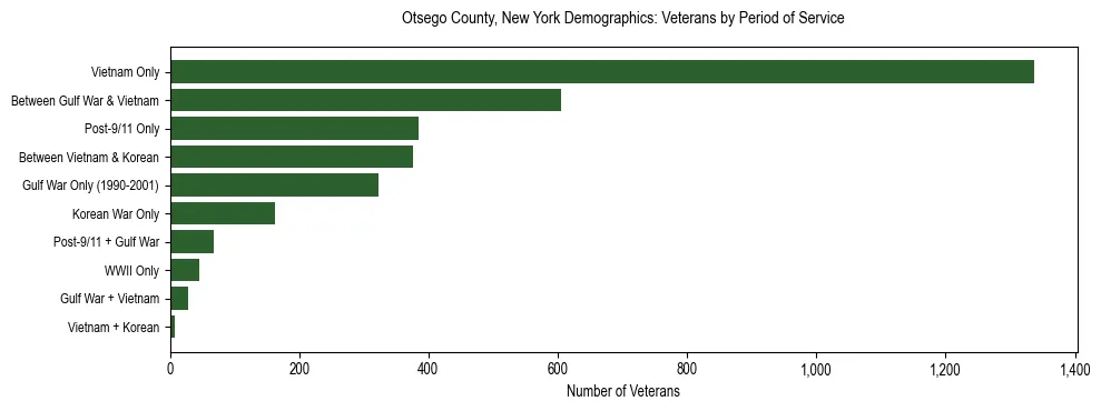 Horizontal bar chart showing veteran distribution by period of military service in Otsego County, New York, based on 2023 ACS data.