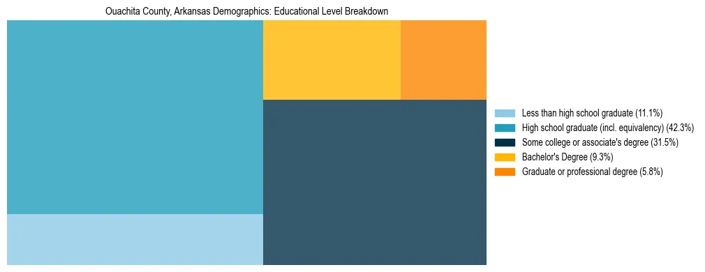 Treemap chart illustrating the educational attainment breakdown for population 25 years and over in Ouachita County, Arkansas.