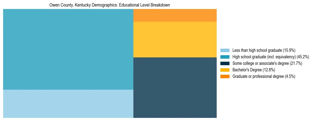 Treemap chart illustrating the educational attainment breakdown for population 25 years and over in Owen County, Kentucky.
