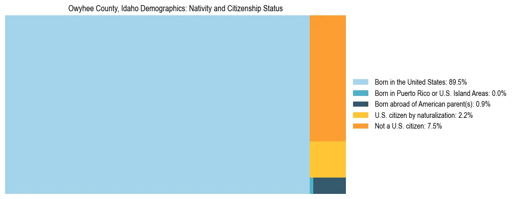 Treemap showing the population distribution by nativity and citizenship status in Owyhee County, Idaho based on U.S. Census data.