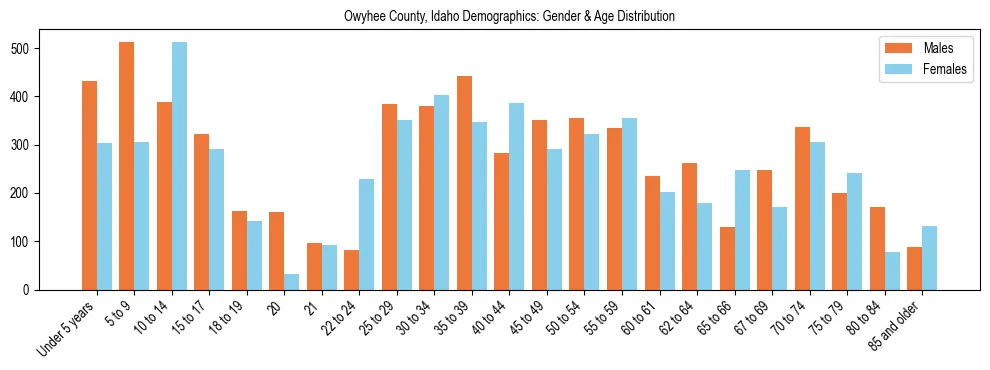 Bar chart showing the population distribution of Owyhee County, Idaho by age group and gender, based on 2023 ACS data.