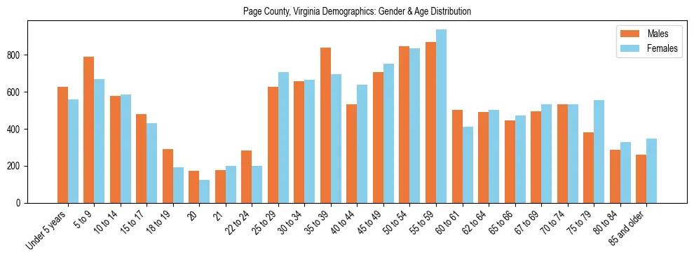 Bar chart showing the population distribution of Page County, Virginia by age group and gender, based on 2023 ACS data.