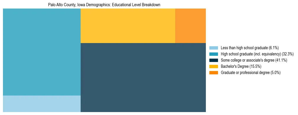 Treemap chart illustrating the educational attainment breakdown for population 25 years and over in Palo Alto County, Iowa.