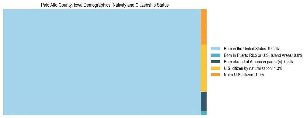 Treemap showing the population distribution by nativity and citizenship status in Palo Alto County, Iowa based on U.S. Census data.