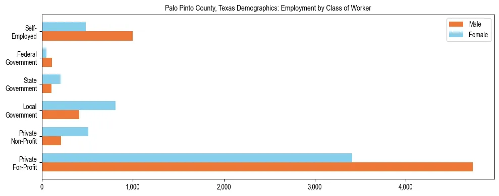 Horizontal bar chart showing employment distribution by class of worker and gender in Palo Pinto County, Texas, based on 2023 ACS data.