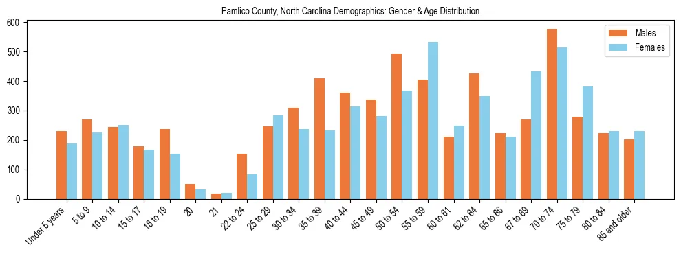 Bar chart showing the population distribution of Pamlico County, North Carolina by age group and gender, based on 2023 ACS data.