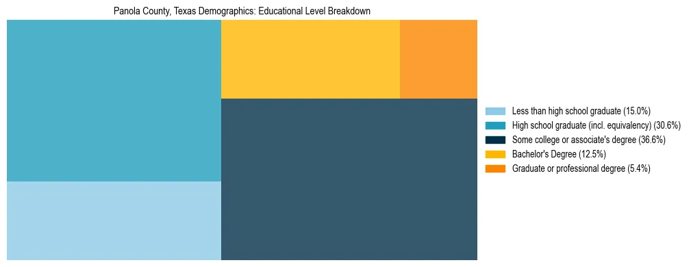 Treemap chart illustrating the educational attainment breakdown for population 25 years and over in Panola County, Texas.