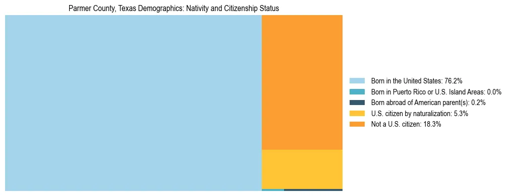 Treemap showing the population distribution by nativity and citizenship status in Parmer County, Texas based on U.S. Census data.