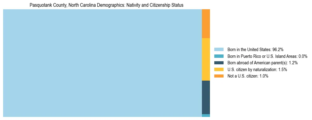 Treemap showing the population distribution by nativity and citizenship status in Pasquotank County, North Carolina based on U.S. Census data.