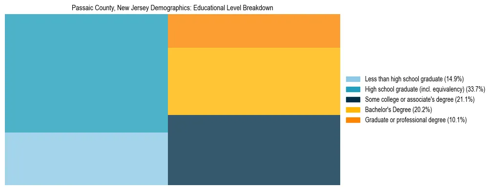 Treemap chart illustrating the educational attainment breakdown for population 25 years and over in Passaic County, New Jersey.