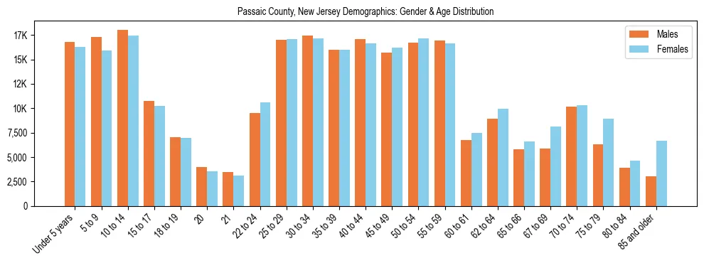 Bar chart showing the population distribution of Passaic County, New Jersey by age group and gender, based on 2023 ACS data.