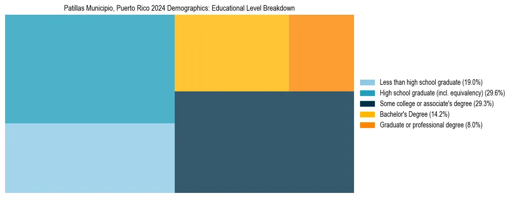 Treemap chart illustrating the educational attainment breakdown for population 25 years and over in Patillas Municipio, Puerto Rico.