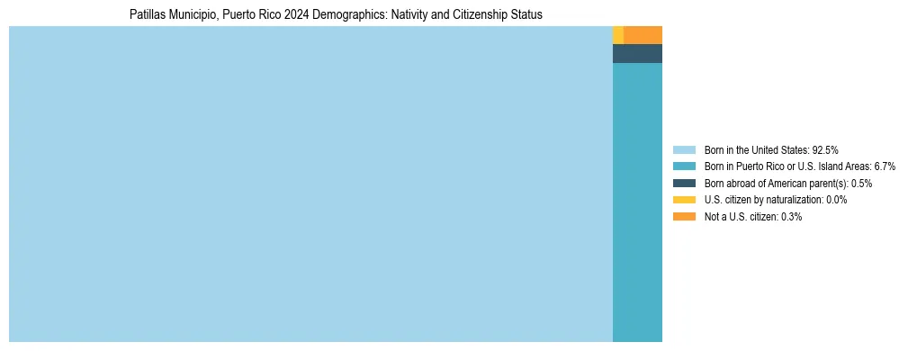 Treemap showing the population distribution by nativity and citizenship status in Patillas Municipio, Puerto Rico based on U.S. Census data.