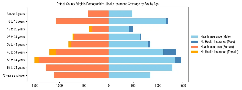 Pyramid chart showing health insurance coverage by age and sex in Patrick County, Virginia.