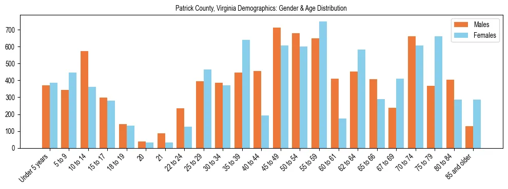 Bar chart showing the population distribution of Patrick County, Virginia by age group and gender, based on 2023 ACS data.
