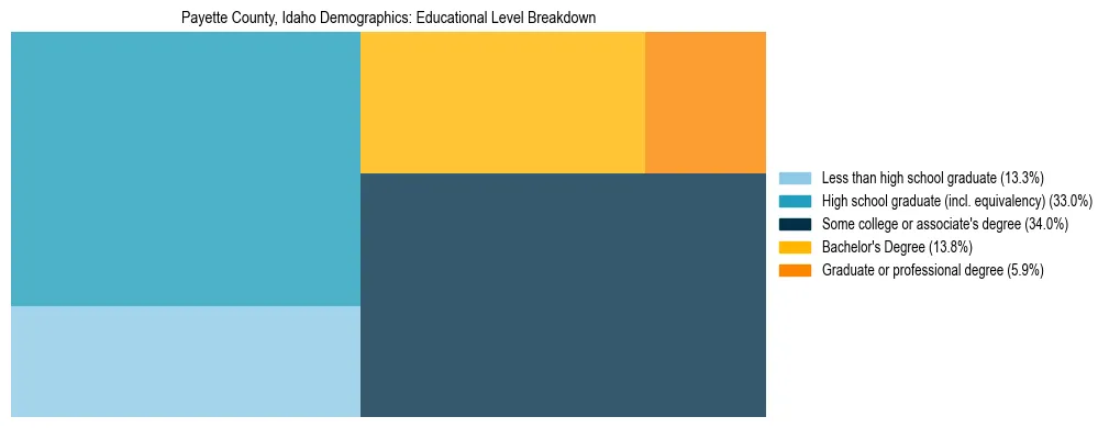 Treemap chart illustrating the educational attainment breakdown for population 25 years and over in Payette County, Idaho.
