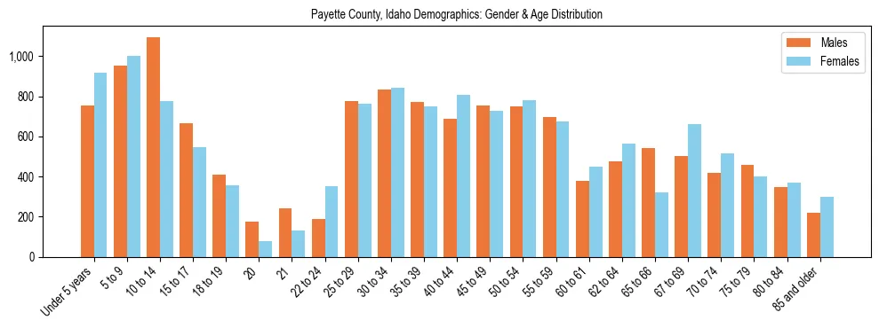 Bar chart showing the population distribution of Payette County, Idaho by age group and gender, based on 2023 ACS data.