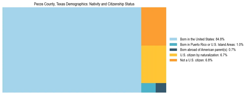 Treemap showing the population distribution by nativity and citizenship status in Pecos County, Texas based on U.S. Census data.