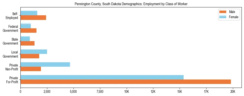 Horizontal bar chart showing employment distribution by class of worker and gender in Pennington County, South Dakota, based on 2023 ACS data.