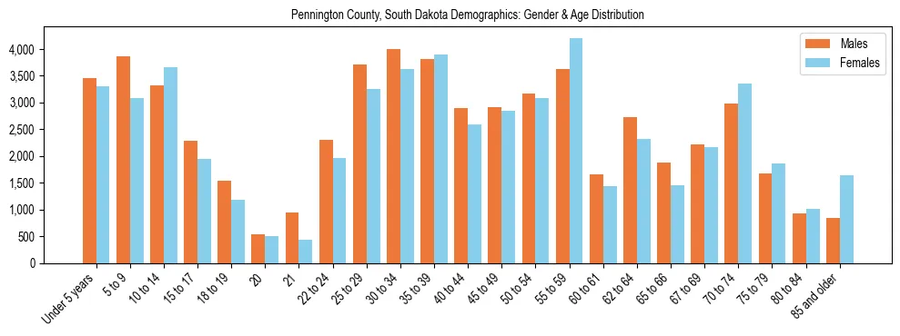 Bar chart showing the population distribution of Pennington County, South Dakota by age group and gender, based on 2023 ACS data.