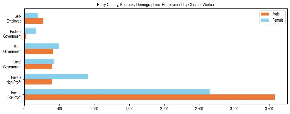 Horizontal bar chart showing employment distribution by class of worker and gender in Perry County, Kentucky, based on 2023 ACS data.
