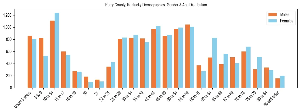 Bar chart showing the population distribution of Perry County, Kentucky by age group and gender, based on 2023 ACS data.