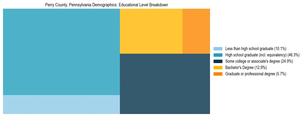 Treemap chart illustrating the educational attainment breakdown for population 25 years and over in Perry County, Pennsylvania.