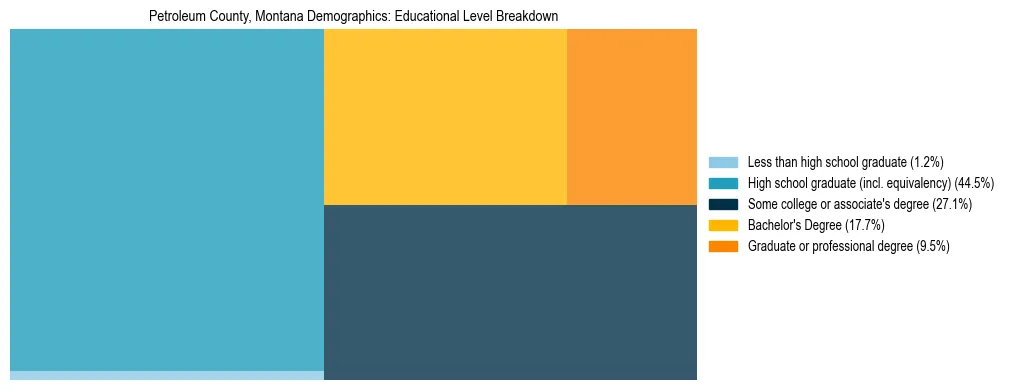 Treemap chart illustrating the educational attainment breakdown for population 25 years and over in Petroleum County, Montana.