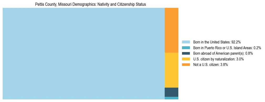 Treemap showing the population distribution by nativity and citizenship status in Pettis County, Missouri based on U.S. Census data.