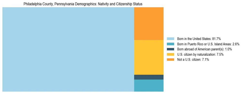 Treemap showing the population distribution by nativity and citizenship status in Philadelphia County, Pennsylvania based on U.S. Census data.